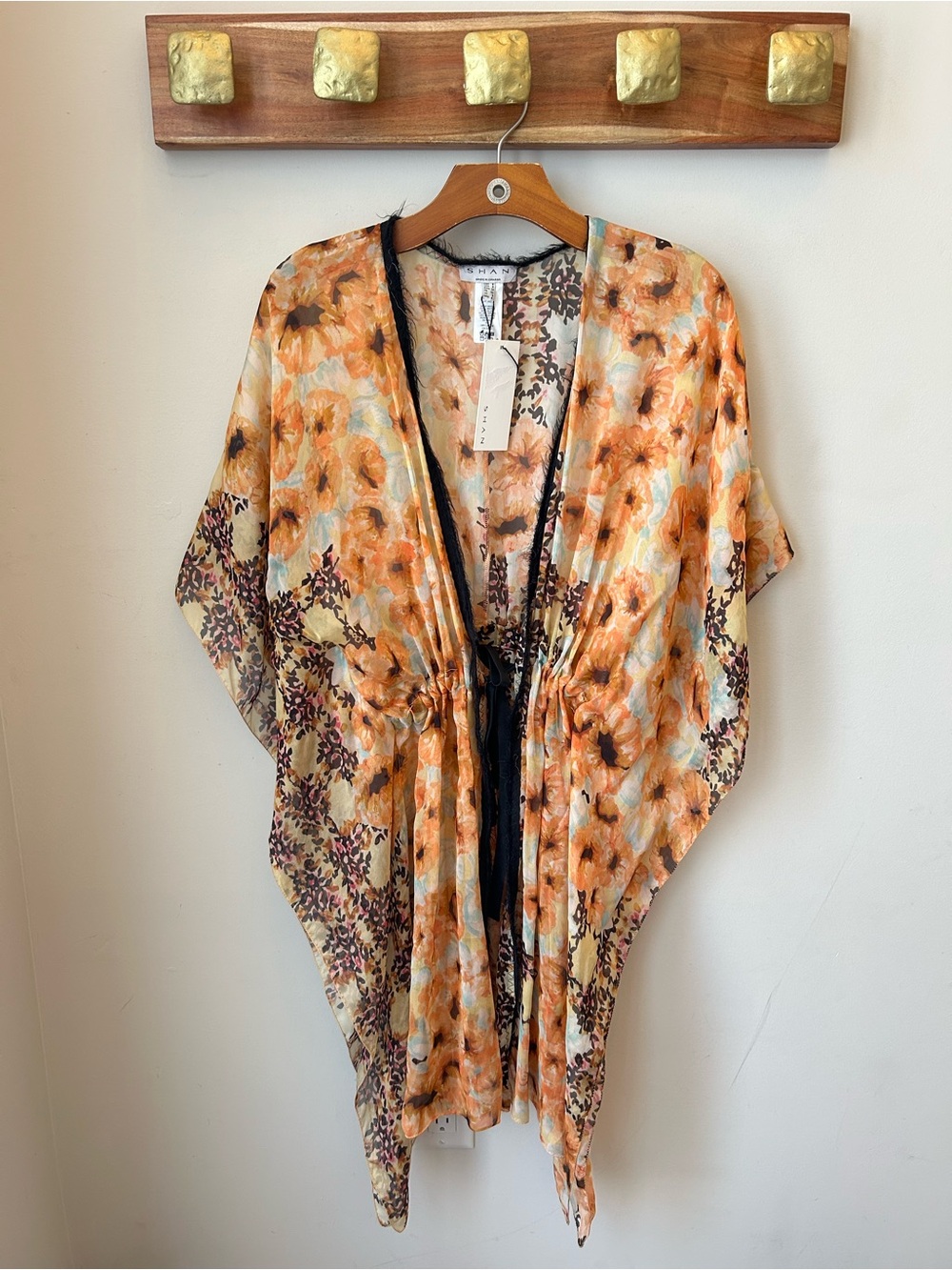 BNWT SHAN 100% SILK Floral Kimono Cover Up Boho Resort Beach Caftan Size 8